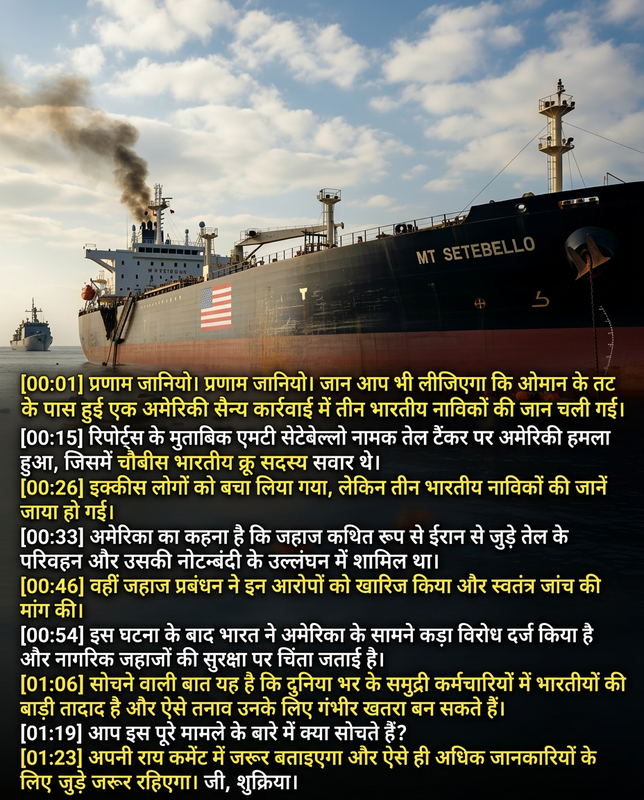 AI Design for [00:01] Speaker 1: (शुरुआती थीम म्यूजिक बजता है) प्रणाम जानियो। प्रणाम जानियो। जान आप भी लीजिएगा कि ओमान के तट के पास हुई एक अमेरिकी सैन्य कार्रवाई में तीन भारतीय नाविकों की जान चली गई। रिपोर्ट्स के मुताबिक एमटी सेटेबेल्लो नामक तेल टैंकर पर अमेरिकी हमला हुआ, जिसमें चौबीस भारतीय क्रू सदस्य सवार थे। इक्कीस लोगों को बचा लिया गया, लेकिन तीन भारतीय नाविकों की जानें जाया हो गई। अमेरिका का कहना है कि जहाज कथित रूप से ईरान से जुड़े तेल के परिवहन और उसकी नोटबंदी के उल्लंघन में शामिल था। वहीं जहाज प्रबंधन ने इन आरोपों को खारिज किया और स्वतंत्र जांच की मांग की। इस घटना के बाद भारत ने अमेरिका के सामने कड़ा विरोध दर्ज किया है और नागरिक जहाजों की सुरक्षा पर चिंता जताई है। सोचने वाली बात यह है कि दुनिया भर के समुद्री कर्मचारियों में भारतीयों की बड़ी तादाद है और ऐसे तनाव उनके लिए गंभीर खतरा बन सकते हैं। आप इस पूरे मामले के बारे में क्या सोचते हैं?

[01:01] Speaker 1: अपनी राय कमेंट में जरूर बताइएगा और ऐसे ही अधिक जानकारियों के लिए जुड़े जरूर रहिएगा। जी, शुक्रिया।b geanrat video