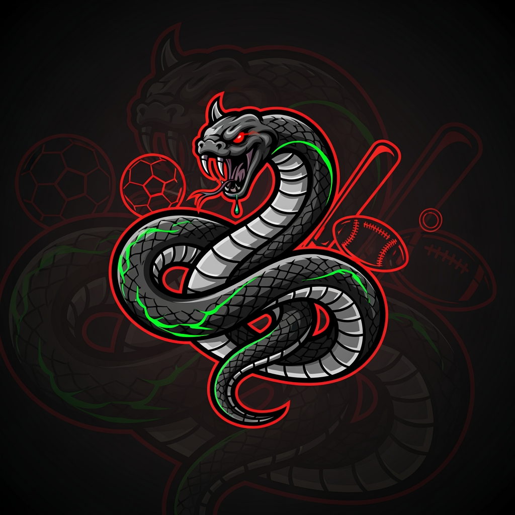 AI Design for i want a logo for sports captain a sportish logo smtg that has balance maturity and spirit it should look like a premium one dont add any letter just make the logo feel real and cconnected with sports andd a venom snake with sport items in back and male it look devil