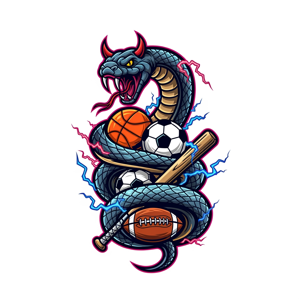 AI Design for i want a logo for sports captain a sportish logo smtg that has balance maturity and spirit it should look like a premium one dont add any letter just make the logo feel real and cconnected with sports andd a venom snake with sport items in back and male it look devil