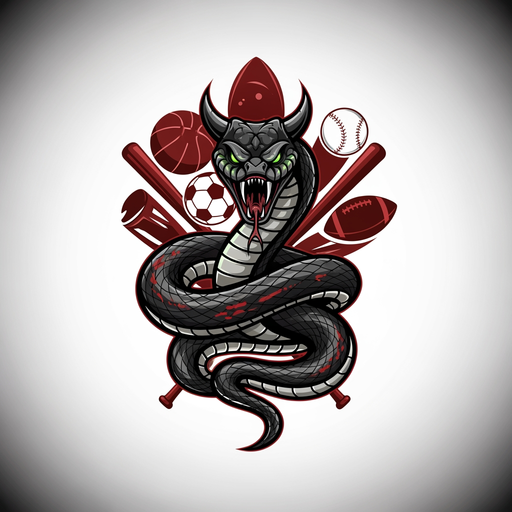 AI Design for i want a logo for sports captain a sportish logo smtg that has balance maturity and spirit it should look like a premium one dont add any letter just make the logo feel real and cconnected with sports andd a venom snake with sport items in back and male it look devil