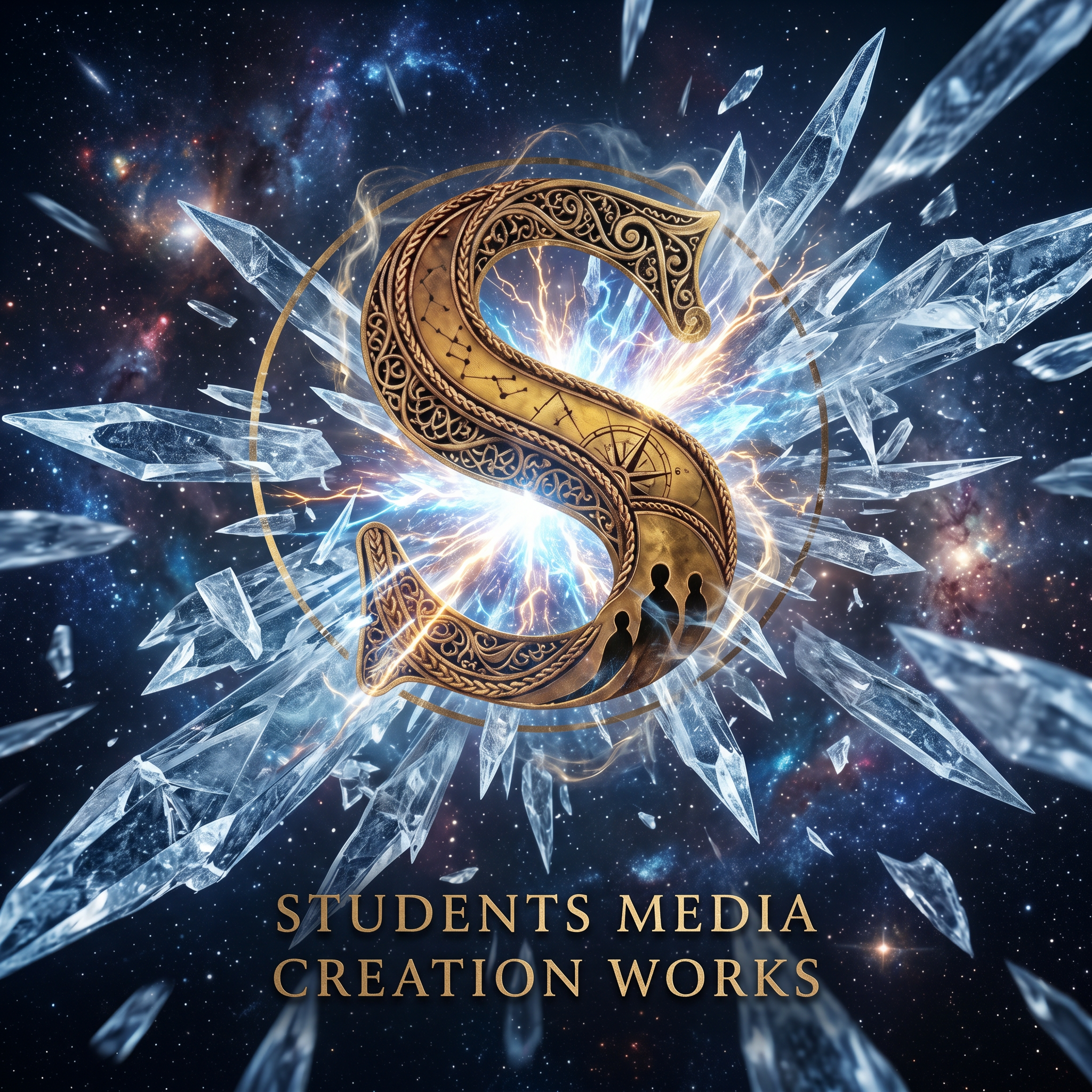 AI Design for From universe back ground sharp ice crystals are coming towards out suddenly a spark appears in centre and this logo appears.