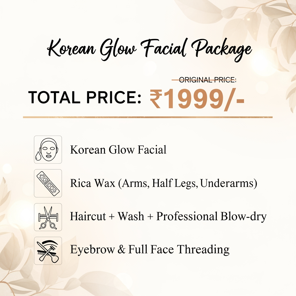 AI Design for create a template with full package with Service	below mentioned in total Price of 1999/- service included are 
Korean Glow Facial	
Rica Wax (Arms, half Legs, Underarms)
Haircut + Wash + Professional Blow-dry	
Eyebrow & Full Face Threading	
Total Value	₹1999/-
