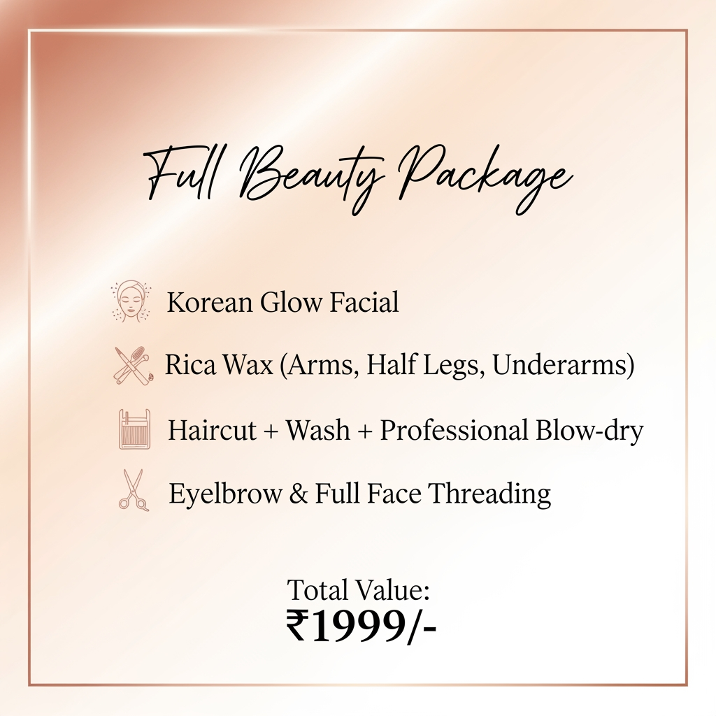 AI Design for create a template with full package with Service	below mentioned in total Price of 1999/- service included are 
Korean Glow Facial	
Rica Wax (Arms, half Legs, Underarms)
Haircut + Wash + Professional Blow-dry	
Eyebrow & Full Face Threading	
Total Value	₹1999/-