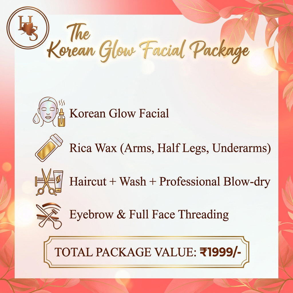 AI Design for create a template with full package with Service	below mentioned in total Price of 1999/- service included are 
Korean Glow Facial	
Rica Wax (Arms, half Legs, Underarms)
Haircut + Wash + Professional Blow-dry	
Eyebrow & Full Face Threading	
Total Value	₹1999/-remove original price  and add  logo on left corner give some bright colour and creative way