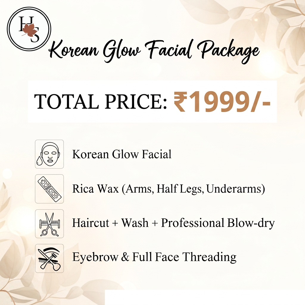 AI Design for create a template with full package with Service	below mentioned in total Price of 1999/- service included are 
Korean Glow Facial	
Rica Wax (Arms, half Legs, Underarms)
Haircut + Wash + Professional Blow-dry	
Eyebrow & Full Face Threading	
Total Value	₹1999/-remove original price  and add  logo on left corner