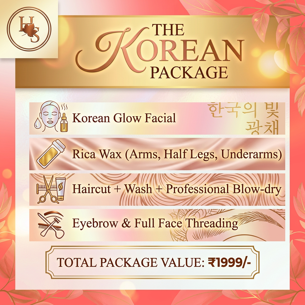 AI Design for create a template with full package with Service	below mentioned in total Price of 1999/- service included are 
Korean Glow Facial	
Rica Wax (Arms, half Legs, Underarms)
Haircut + Wash + Professional Blow-dry	
Eyebrow & Full Face Threading	
Total Value	₹1999/-remove original price  and add  logo on left corner give some bright colour and creative way insated of the korean glow facial package only add korean package change coulour bright font and attractive backgroung