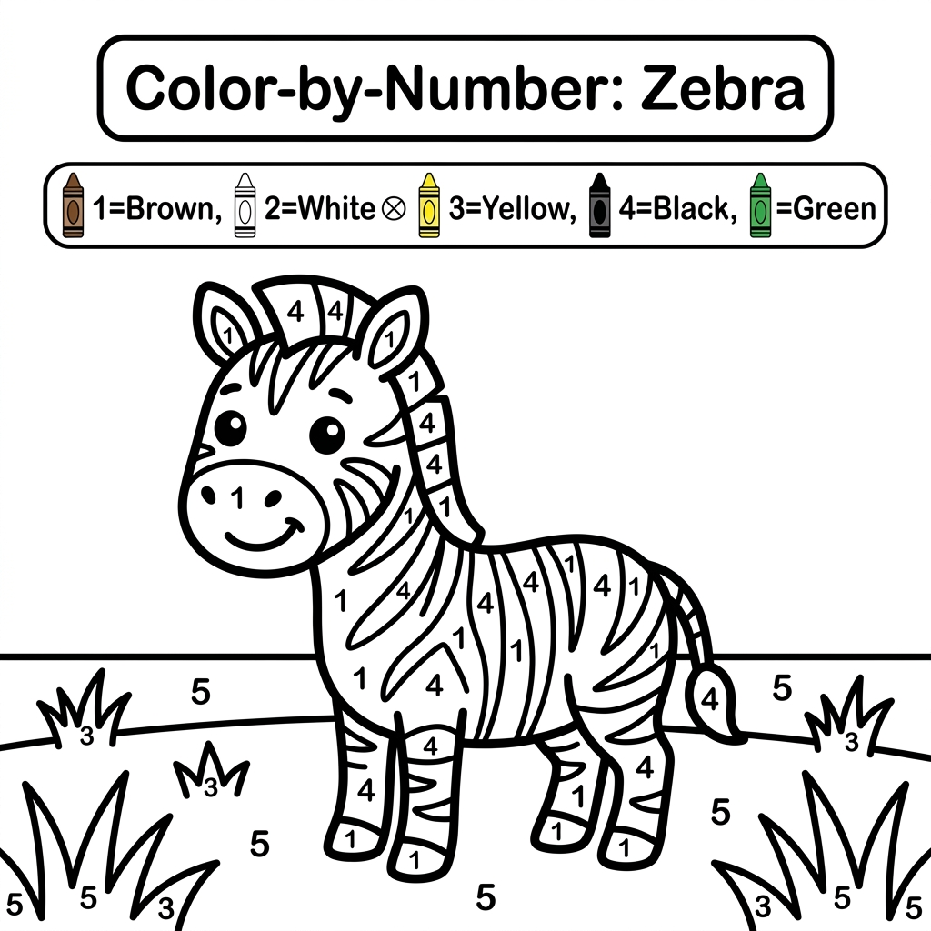 AI Design for Create a black and white Color-by-Number activity page for children ages 3–6 featuring a cute smiling zebra standing in a simple grass field. The zebra should have large simple coloring sections labeled with numbers . Include a color key with  crayon colors. Use thick bold outlines, large easy-to-color spaces, simple preschool-friendly cartoon style, educational worksheet design, white background, no shading, high contrast, printable 8.5 x 11 inch page, suitable for an Amazon KDP activity book.