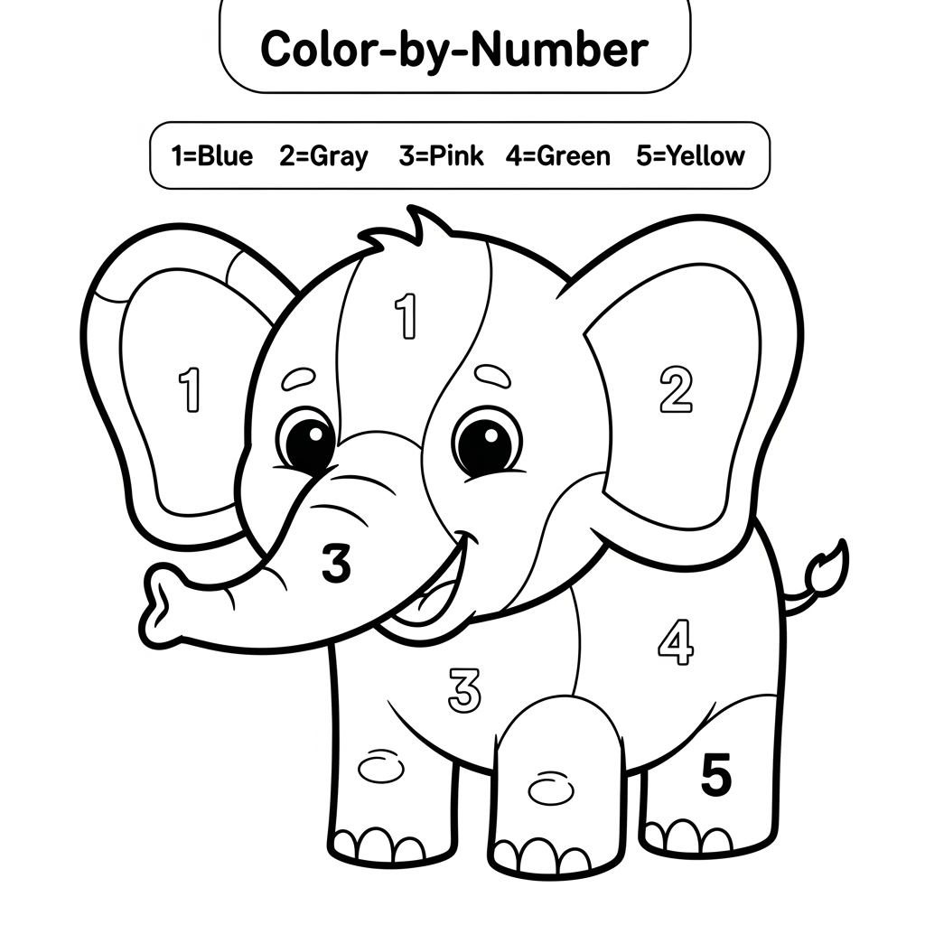 AI Design for Create a Color-by-Number worksheet for ages 3–6 featuring a cute smiling elephant. Large numbered sections 1–5, thick black outlines, simple design, easy coloring areas, color key at the top, printable children's activity book page, white background.