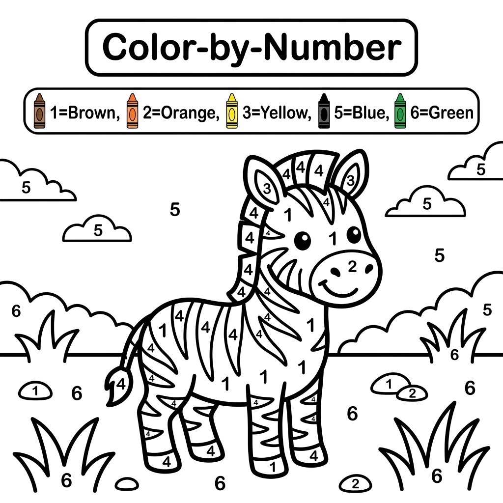 AI Design for Create a black and white Color-by-Number activity page for children ages 3–6 featuring a cute smiling zebra standing in a simple grass field. The zebra should have large simple coloring sections labeled with numbers . Include a color key with  crayon colors. Use thick bold outlines, large easy-to-color spaces, simple preschool-friendly cartoon style, educational worksheet design, white background, no shading, high contrast, printable 8.5 x 11 inch page, suitable for an Amazon KDP activity book.