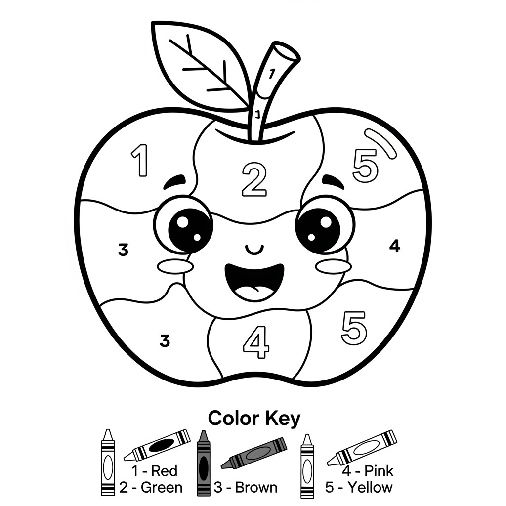 AI Design for Create a black and white Color-by-Number activity page for children ages 3–6 featuring a cute smiling apple. The zebra should have large simple coloring sections labeled with numbers . Include a color key with crayon colors. Use thick bold outlines, large easy-to-color spaces, simple preschool-friendly cartoon style, educational worksheet design, white background, no shading, high contrast, printable 8.5 x 11 inch page, suitable for an Amazon KDP activity book.
