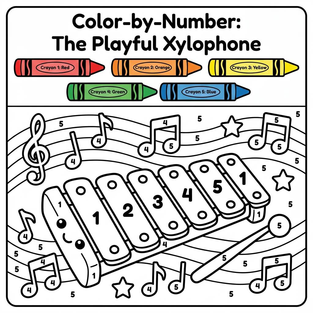 AI Design for Create a black and white Color-by-Number activity page for children ages 3–6 featuring a cute xylophone with colorful music notes around it. The illustration should have large simple coloring sections labeled with numbers . Include a color key with crayon colors. Use thick bold outlines, large easy-to-color spaces, simple preschool-friendly cartoon style, educational worksheet design, white background, no shading, high contrast, printable 8.5 x 11 inch page, suitable for an Amazon KDP activity book.