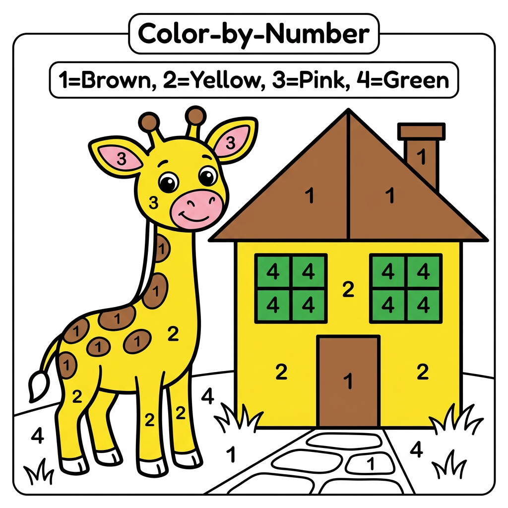AI Design for Create a black and white Color-by-Number activity page for children ages 3–6 featuring a cute house. The giraffe should have large simple coloring sections labeled with numbers. . Use thick bold outlines, large coloring spaces, simple preschool-friendly cartoon style, educational worksheet design, white background, no shading, high contrast. don't colour