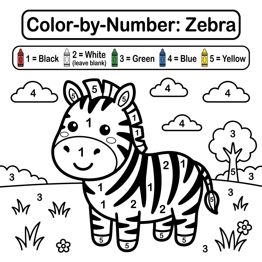 AI Design for Create a black and white Color-by-Number activity page for children ages 3–6 featuring a cute smiling zebra standing in a simple grass field. The zebra should have large simple coloring sections labeled with numbers . Include a color key with  crayon colors. Use thick bold outlines, large easy-to-color spaces, simple preschool-friendly cartoon style, educational worksheet design, white background, no shading, high contrast, printable 8.5 x 11 inch page, suitable for an Amazon KDP activity book.