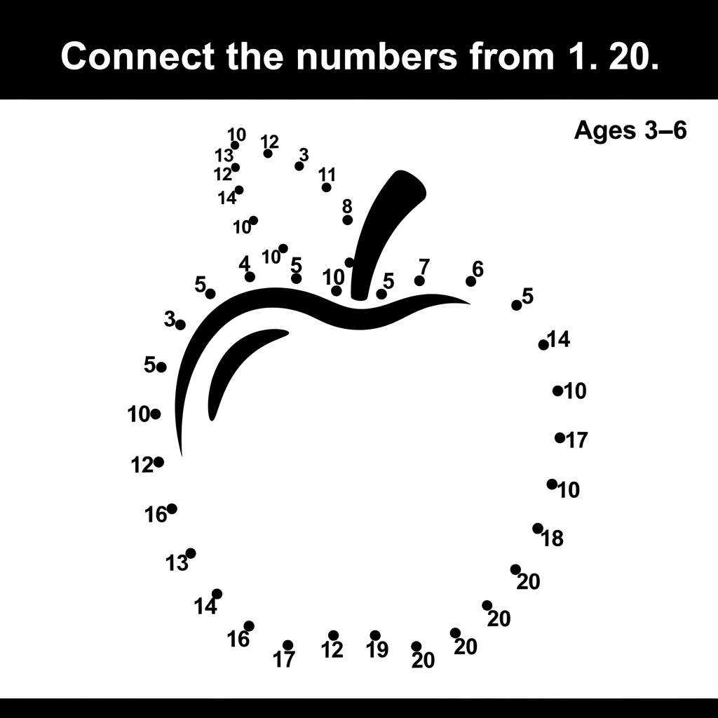 AI Design for Create a black and white connect-the-dots activity page for ages 3–6. Dots numbered 1–20 form a cute apple. Large clear numbers, evenly spaced dots, bold outlines revealed after connecting. Include instruction: "Connect the numbers from 1 to 20." Printable preschool worksheet style, clean white background, simple design, large elements, no shading, high contrast.
