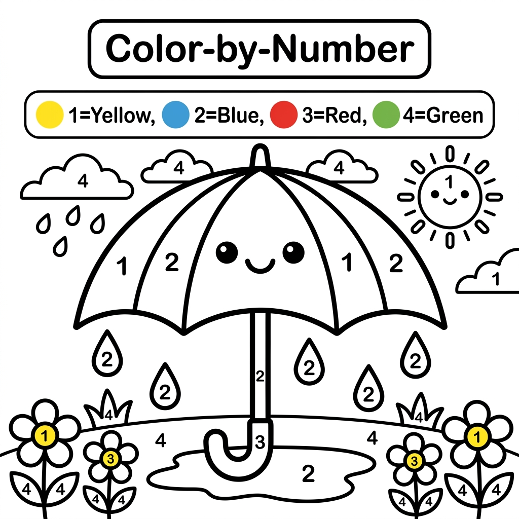 AI Design for Create a black and white Color-by-Number activity page for children ages 3–6 featuring a cute umbrella. The illustration should have large simple coloring sections labeled with numbers . Include a color key with crayon colors. Use thick bold outlines, large easy-to-color spaces, simple preschool-friendly cartoon style, educational worksheet design, white background, no shading, high contrast, printable 8.5 x 11 inch page, suitable for an Amazon KDP activity book.