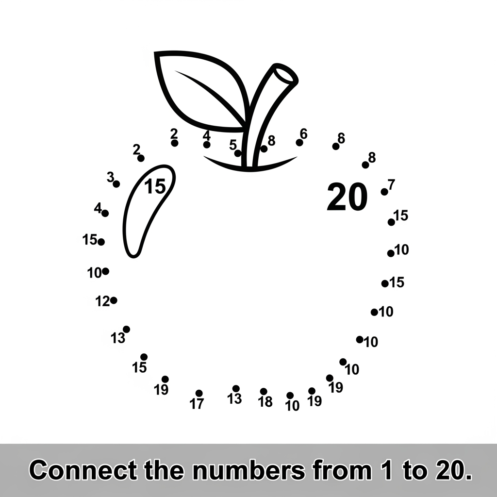 AI Design for Create a black and white connect-the-dots activity page for ages 3–6. Dots numbered 1–20 form a cute apple. Large clear numbers, evenly spaced dots, bold outlines revealed after connecting. Include instruction: "Connect the numbers from 1 to 20." Printable preschool worksheet style, clean white background, simple design, large elements, no shading, high contrast.