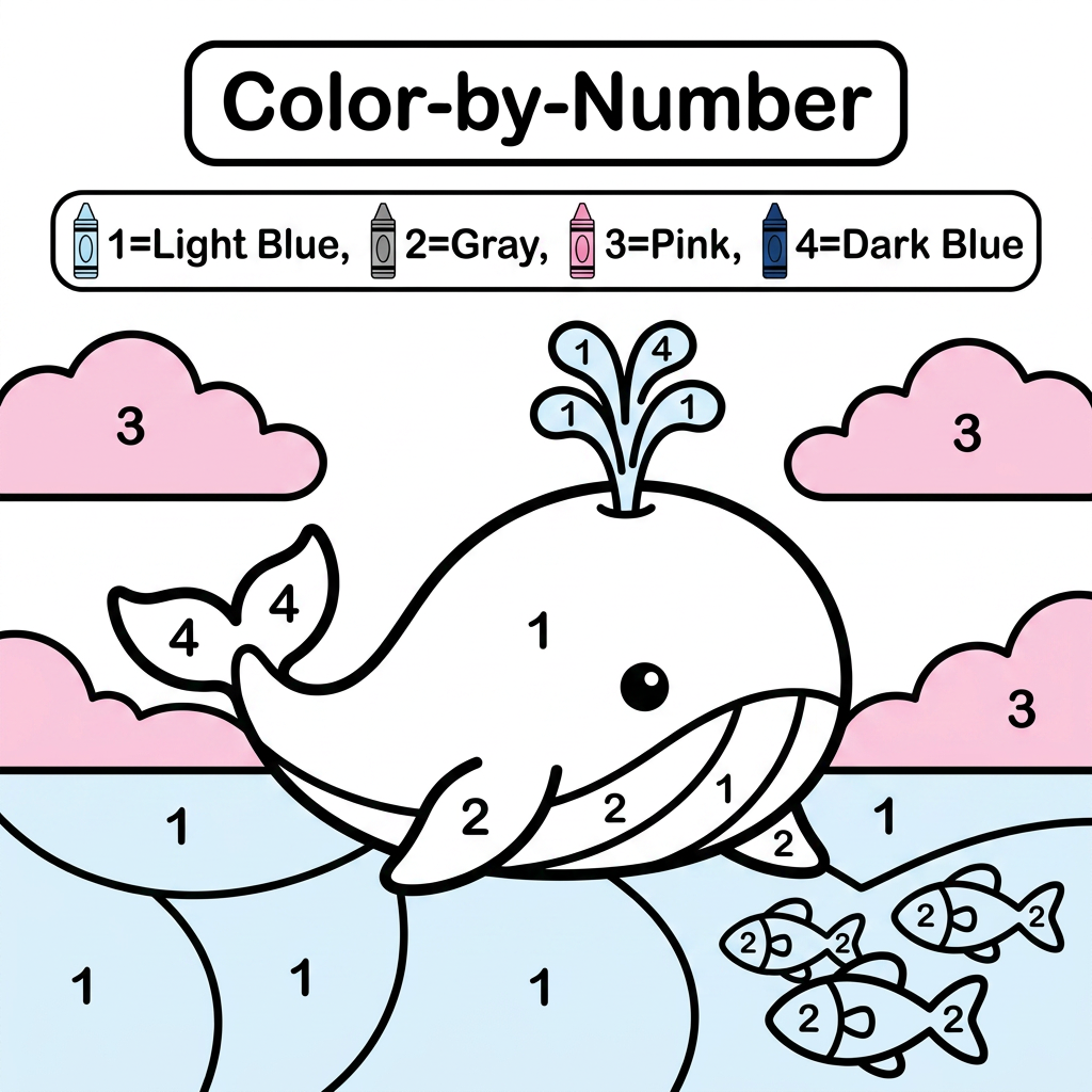 AI Design for Create a black and white Color-by-Number activity page for children ages 3–6 featuring a cute whale. The illustration should have large simple coloring sections labeled with numbers . Include a color key with crayon colors. Use thick bold outlines, large easy-to-color spaces, simple preschool-friendly cartoon style, educational worksheet design, white background, no shading, high contrast, printable 8.5 x 11 inch page, suitable for an Amazon KDP activity book.