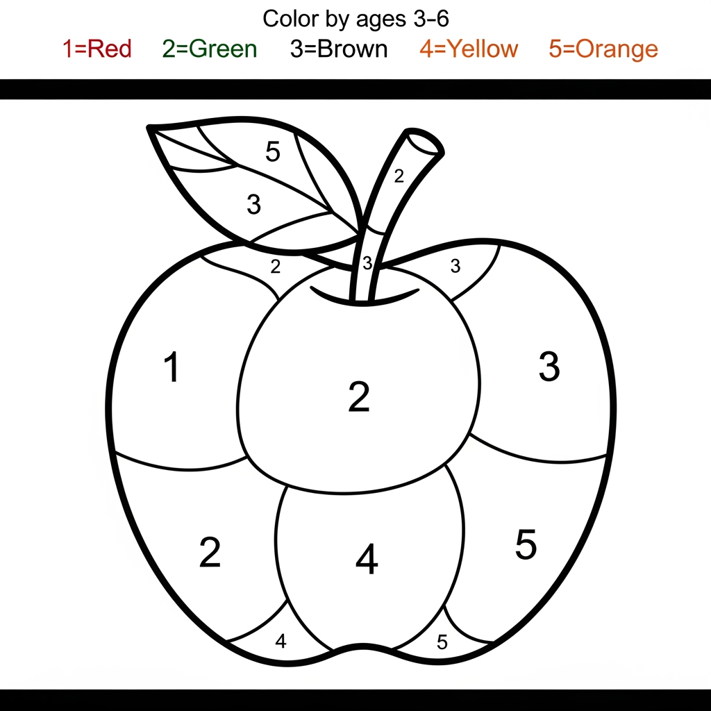 AI Design for Create a Color-by-Number worksheet for ages 3–6 featuring a cute apple. Large numbered sections 1–5, thick black outlines, simple design, easy coloring areas, color key at the top, printable children's activity book page, white background.
