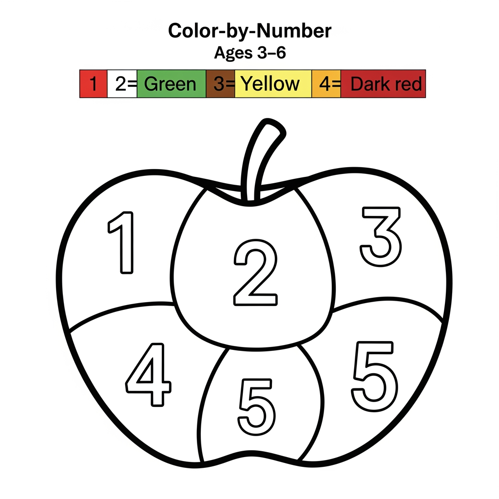 AI Design for Create a Color-by-Number worksheet for ages 3–6 featuring a cute apple. Large numbered sections 1–5, thick black outlines, simple design, easy coloring areas, color key at the top, printable children's activity book page, white background.