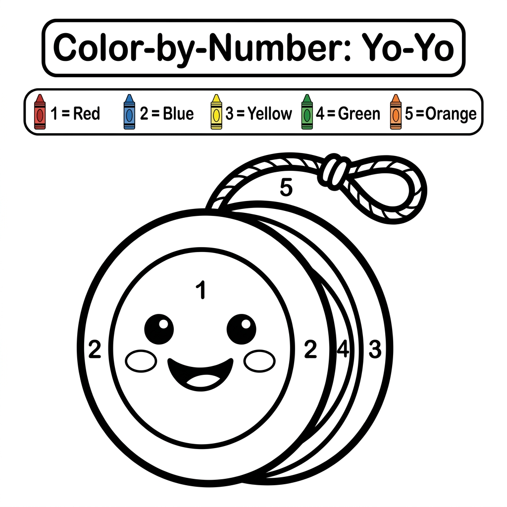 AI Design for Create a black and white Color-by-Number activity page for children ages 3–6 featuring a cute colorful yo-yo with a smiling face and string. The illustration should have large simple coloring sections labeled with numbers . Include a color key with  crayon colors. Use thick bold outlines, large easy-to-color spaces, simple preschool-friendly cartoon style, educational worksheet design, white background, no shading, high contrast, printable 8.5 x 11 inch page, suitable for an Amazon KDP activity book.