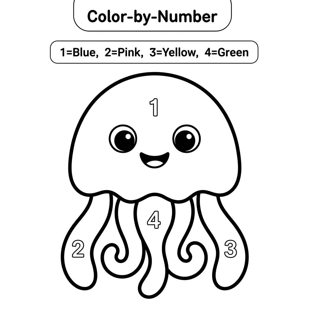 AI Design for Create a black and white Color-by-Number activity page for children ages 3–6 featuring a cute jelly fish. The jelly fish should have large simple coloring sections labeled with numbers. . Use thick bold outlines, large coloring spaces, simple preschool-friendly cartoon style, educational worksheet design, white background, no shading, high contrast.