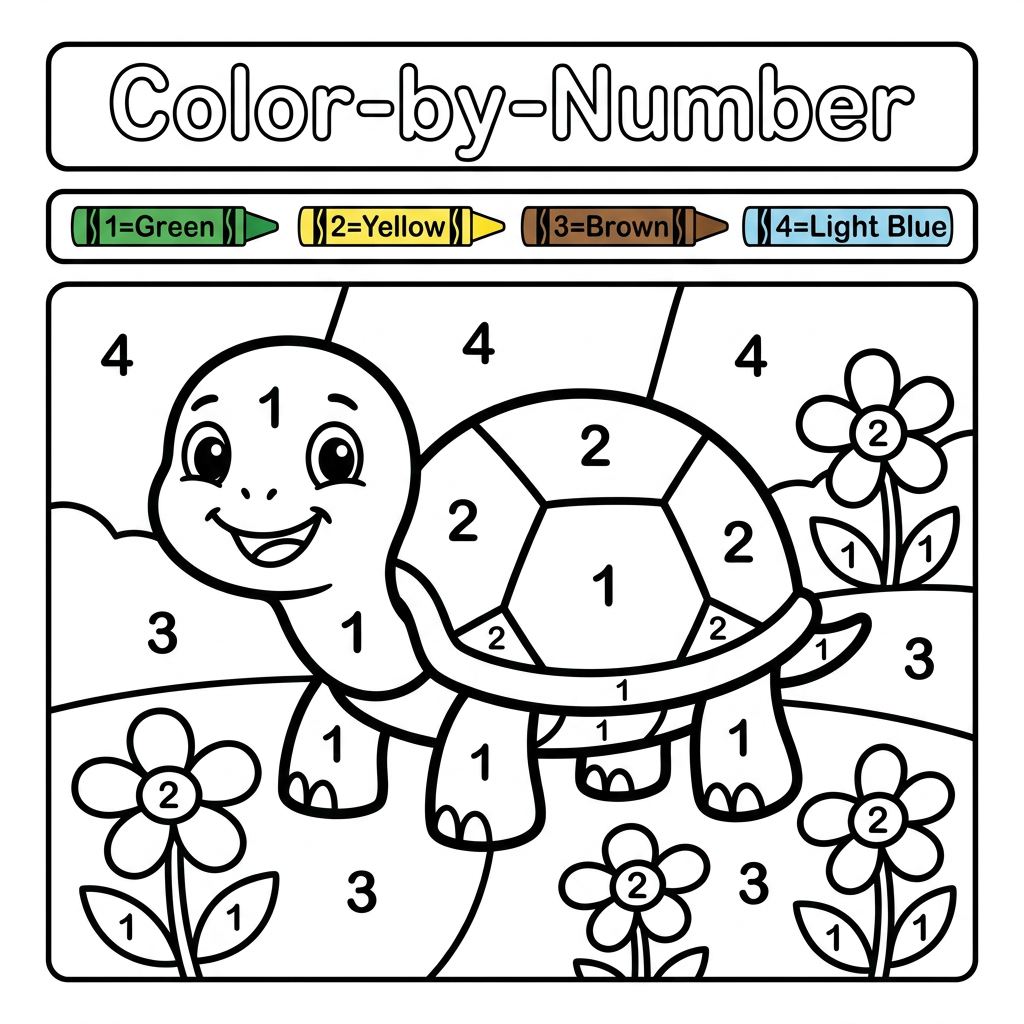 AI Design for Create a black and white Color-by-Number activity page for children ages 3–6 featuring a cute turtle. The illustration should have large simple coloring sections labeled with numbers . Include a color key with crayon colors. Use thick bold outlines, large easy-to-color spaces, simple preschool-friendly cartoon style, educational worksheet design, white background, no shading, high contrast, printable 8.5 x 11 inch page, suitable for an Amazon KDP activity book.