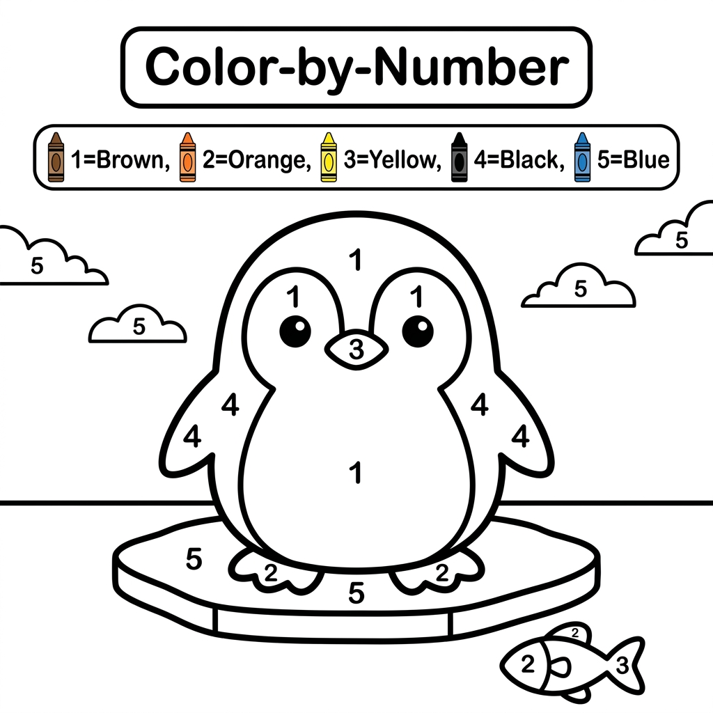AI Design for Create a black and white Color-by-Number activity page for children ages 3–6 featuring a cute Penguin. Large simple coloring sections with numbers. Include a color key with crayon colors. Thick bold outlines, large coloring spaces, simple preschool-friendly design, educational worksheet style, white background, printable 8.5 x 11 inch page, no shading, high contrast, suitable for Amazon KDP.