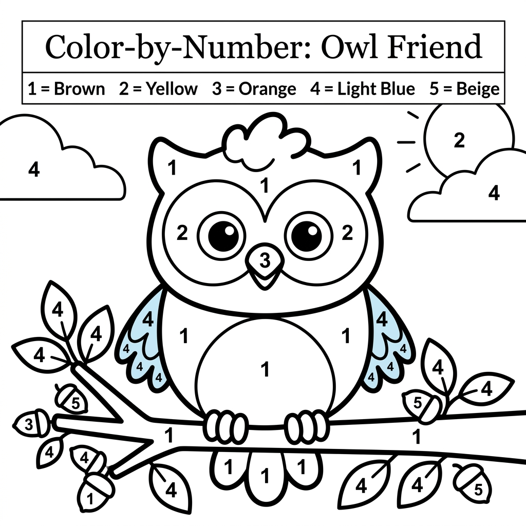AI Design for Create a black and white Color-by-Number activity page for children ages 3–6 featuring a cute owl. Large simple coloring sections with numbers. Include a color key with crayon colors. Thick bold outlines, large coloring spaces, simple preschool-friendly design, educational worksheet style, white background, printable 8.5 x 11 inch page, no shading, high contrast, suitable for Amazon KDP.