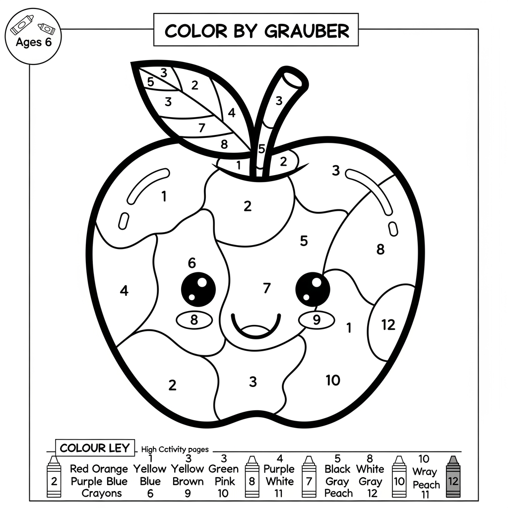 AI Design for Create a black and white Color-by-Number activity page for children ages 3–6 featuring a cute smiling apple. The zebra should have large simple coloring sections labeled with numbers 1–12. Include a color key with 12 crayon colors. Use thick bold outlines, large easy-to-color spaces, simple preschool-friendly cartoon style, educational worksheet design, white background, no shading, high contrast, printable 8.5 x 11 inch page, suitable for an Amazon KDP activity book.