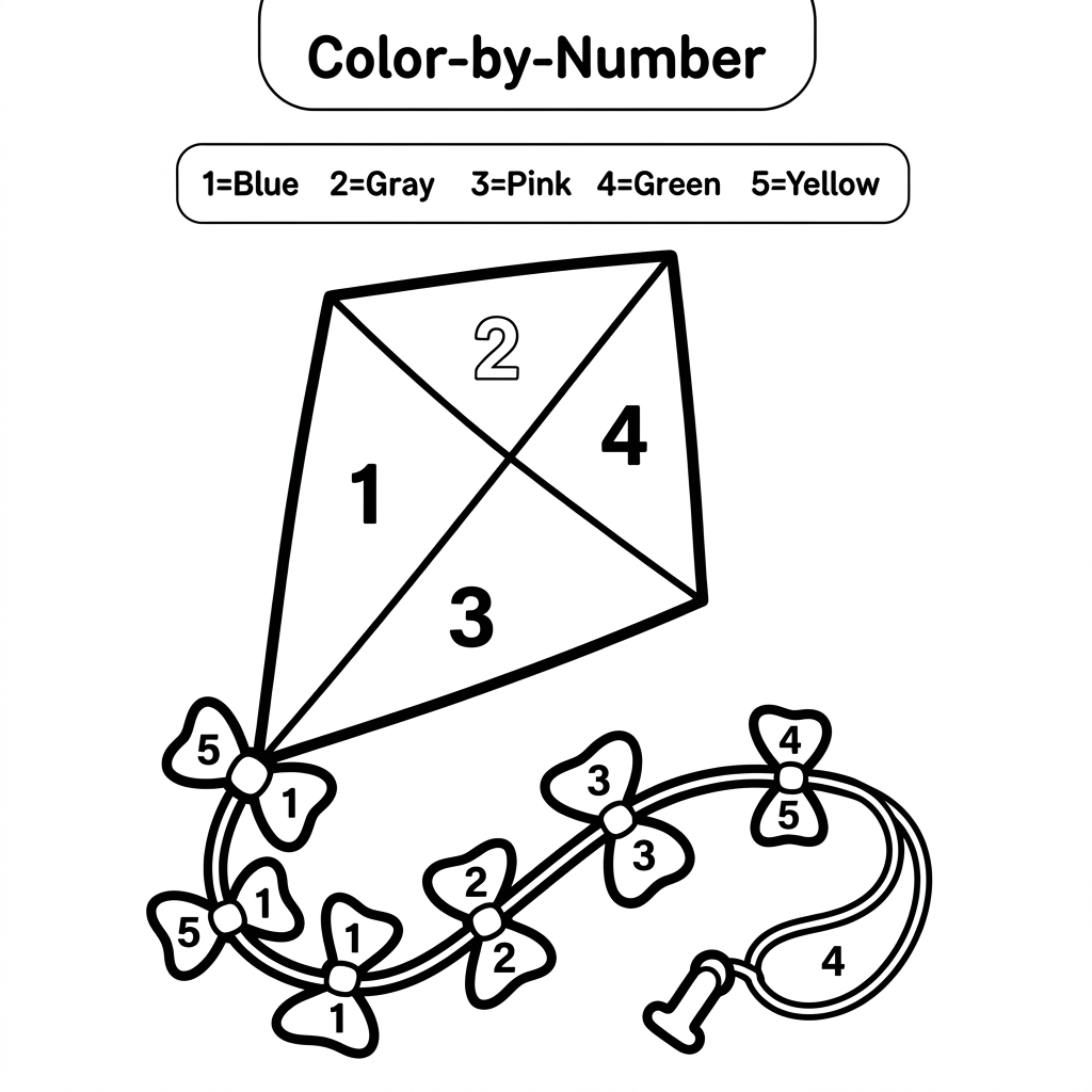 AI Design for Create a black and white Color-by-Number activity page for children ages 3–6 featuring a cute kite. The kite should have large simple coloring sections labeled with numbers. . Use thick bold outlines, large coloring spaces, simple preschool-friendly cartoon style, educational worksheet design, white background, no shading, high contrast.