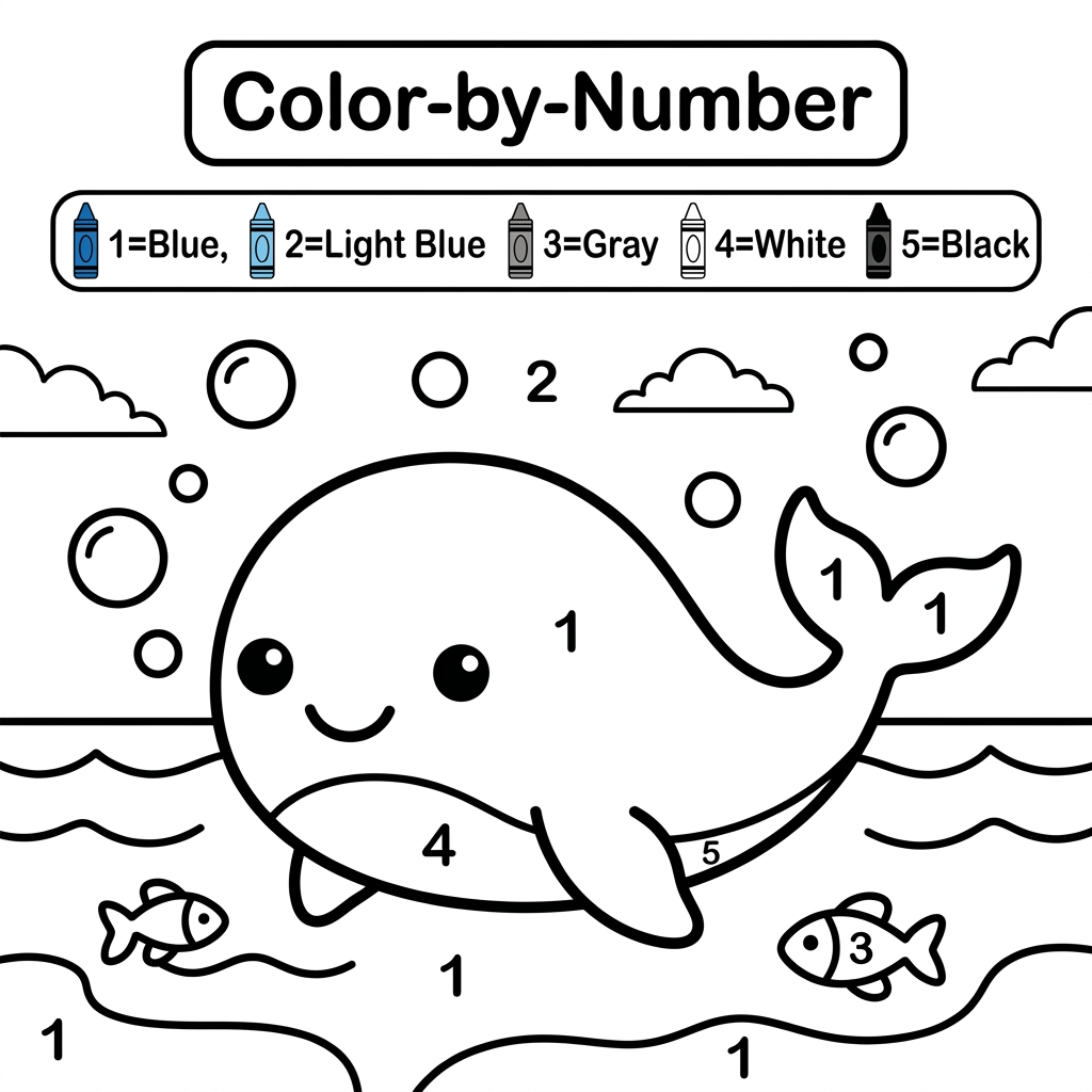 AI Design for Create a black and white Color-by-Number activity page for children ages 3–6 featuring a cute smiling whale swimming in the ocean with simple bubbles. The illustration should have large simple coloring sections labeled with numbers . Include a color key with  crayon colors. Use thick bold outlines, large easy-to-color spaces, simple preschool-friendly cartoon style, educational worksheet design, white background, no shading, high contrast, printable 8.5 x 11 inch page, suitable for an Amazon KDP activity book.