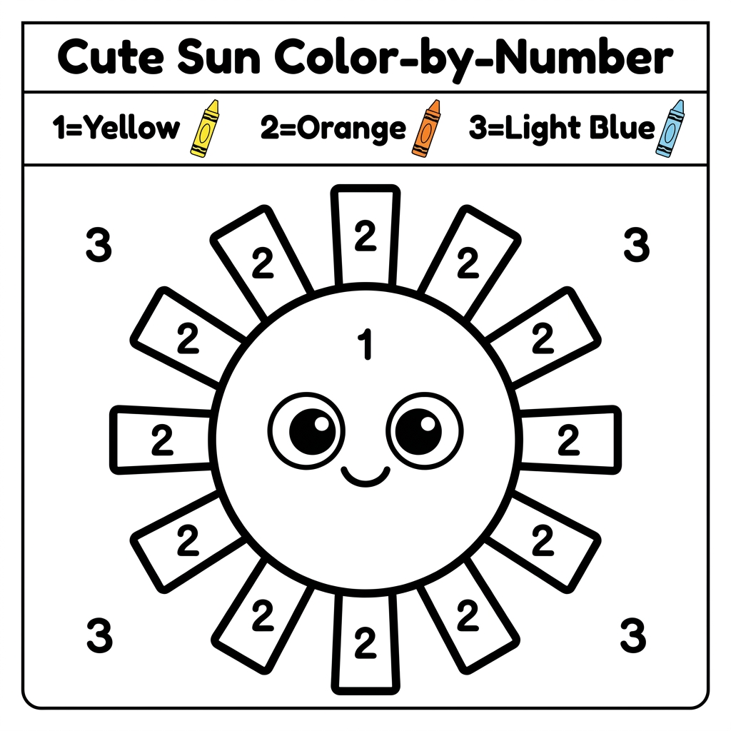 AI Design for Create a black and white Color-by-Number activity page for children ages 3–6 featuring a cute sun. The illustration should have large simple coloring sections labeled with numbers . Include a color key with crayon colors. Use thick bold outlines, large easy-to-color spaces, simple preschool-friendly cartoon style, educational worksheet design, white background, no shading, high contrast, printable 8.5 x 11 inch page, suitable for an Amazon KDP activity book.