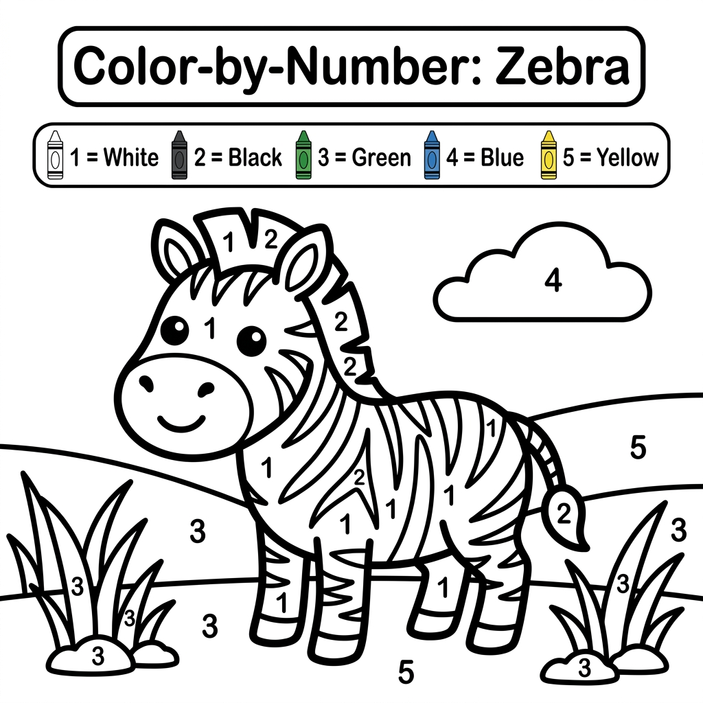 AI Design for Create a black and white Color-by-Number activity page for children ages 3–6 featuring a cute smiling zebra standing in a simple grass field. The zebra should have large simple coloring sections labeled with numbers . Include a color key with  crayon colors. Use thick bold outlines, large easy-to-color spaces, simple preschool-friendly cartoon style, educational worksheet design, white background, no shading, high contrast, printable 8.5 x 11 inch page, suitable for an Amazon KDP activity book.