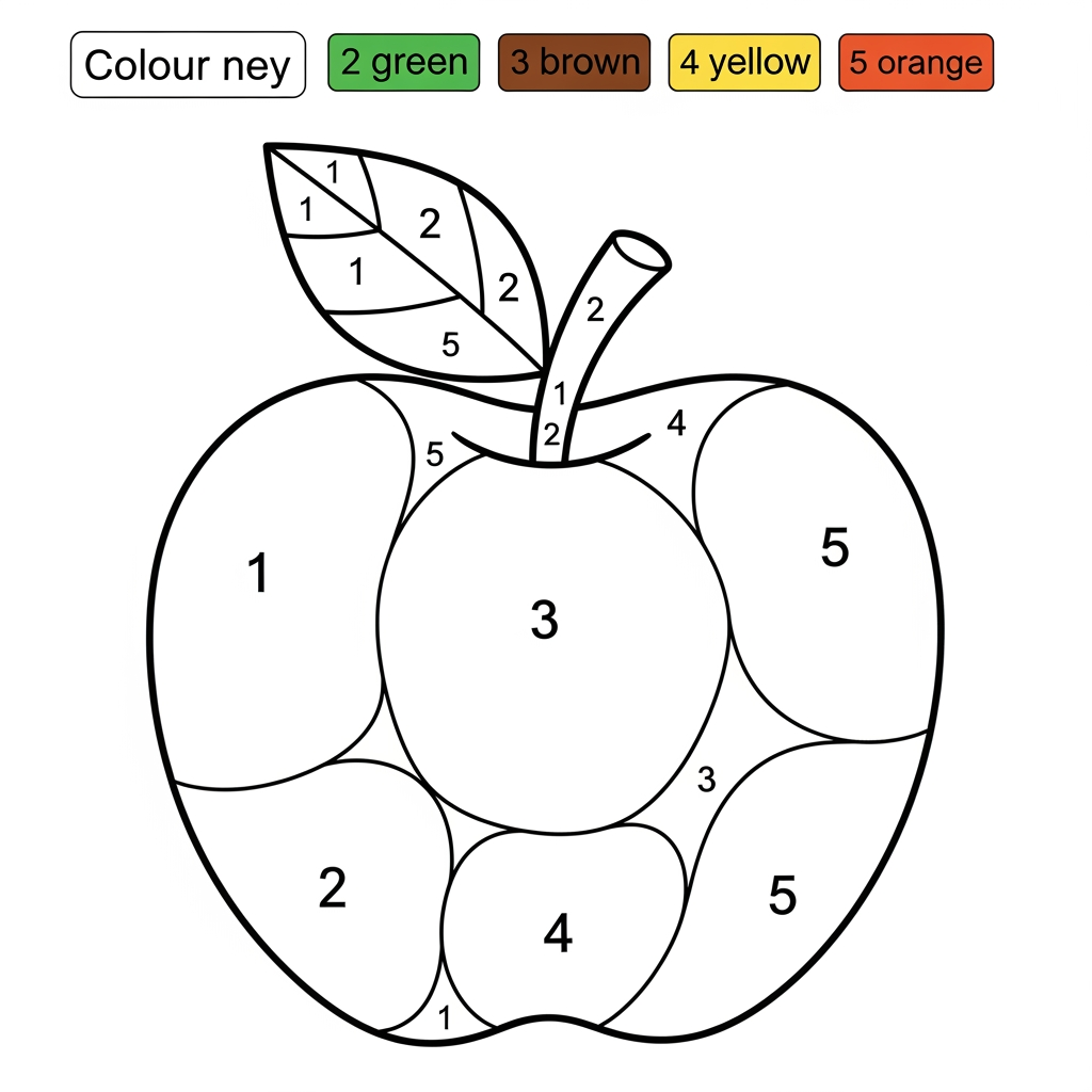 AI Design for Create a Color-by-Number worksheet for ages 3–6 featuring a cute apple. Large numbered sections 1–5, thick black outlines, simple design, easy coloring areas, color key at the top, printable children's activity book page, white background.