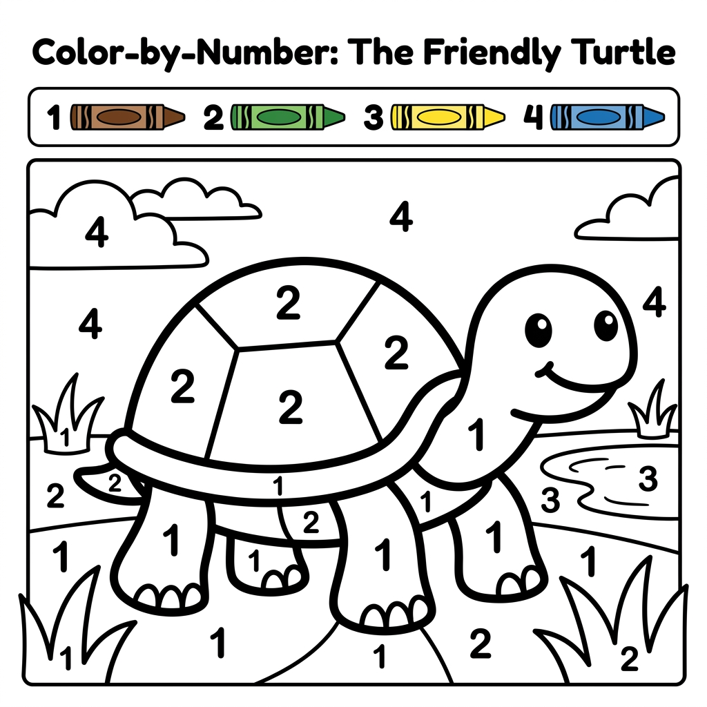 AI Design for Create a black and white Color-by-Number activity page for children ages 3–6 featuring a cute turtle. The illustration should have large simple coloring sections labeled with numbers . Include a color key with crayon colors. Use thick bold outlines, large easy-to-color spaces, simple preschool-friendly cartoon style, educational worksheet design, white background, no shading, high contrast, printable 8.5 x 11 inch page, suitable for an Amazon KDP activity book.