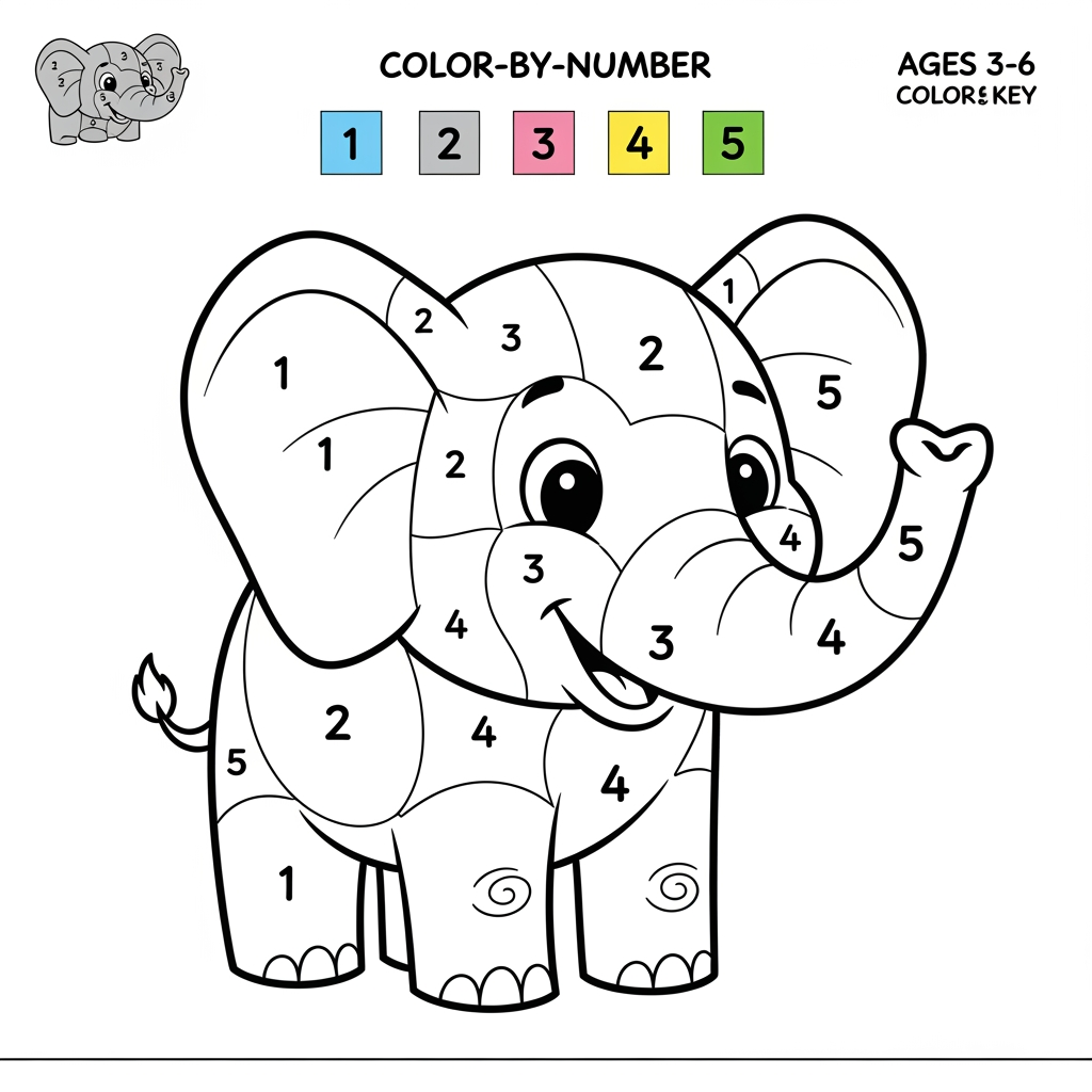 AI Design for Create a Color-by-Number worksheet for ages 3–6 featuring a cute smiling elephant. Large numbered sections 1–5, thick black outlines, simple design, easy coloring areas, color key at the top, printable children's activity book page, white background.