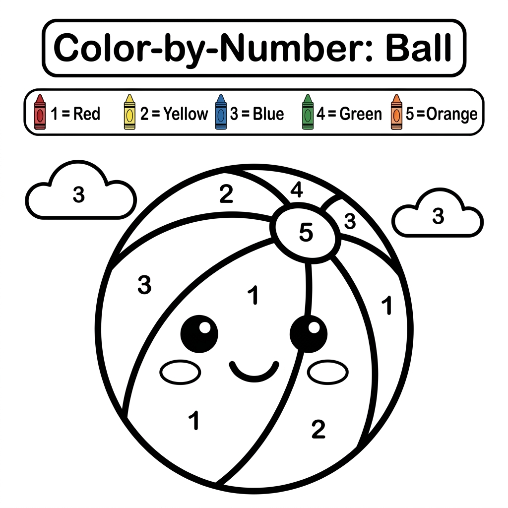 AI Design for Create a black and white Color-by-Number activity page for children ages 3–6 featuring a cute ball. The ball should have large simple coloring sections labeled with numbers . Include a color key with crayon colors. Use thick bold outlines, large easy-to-color spaces, simple preschool-friendly cartoon style, educational worksheet design, white background, no shading, high contrast, printable 8.5 x 11 inch page, suitable for an Amazon KDP activity book.