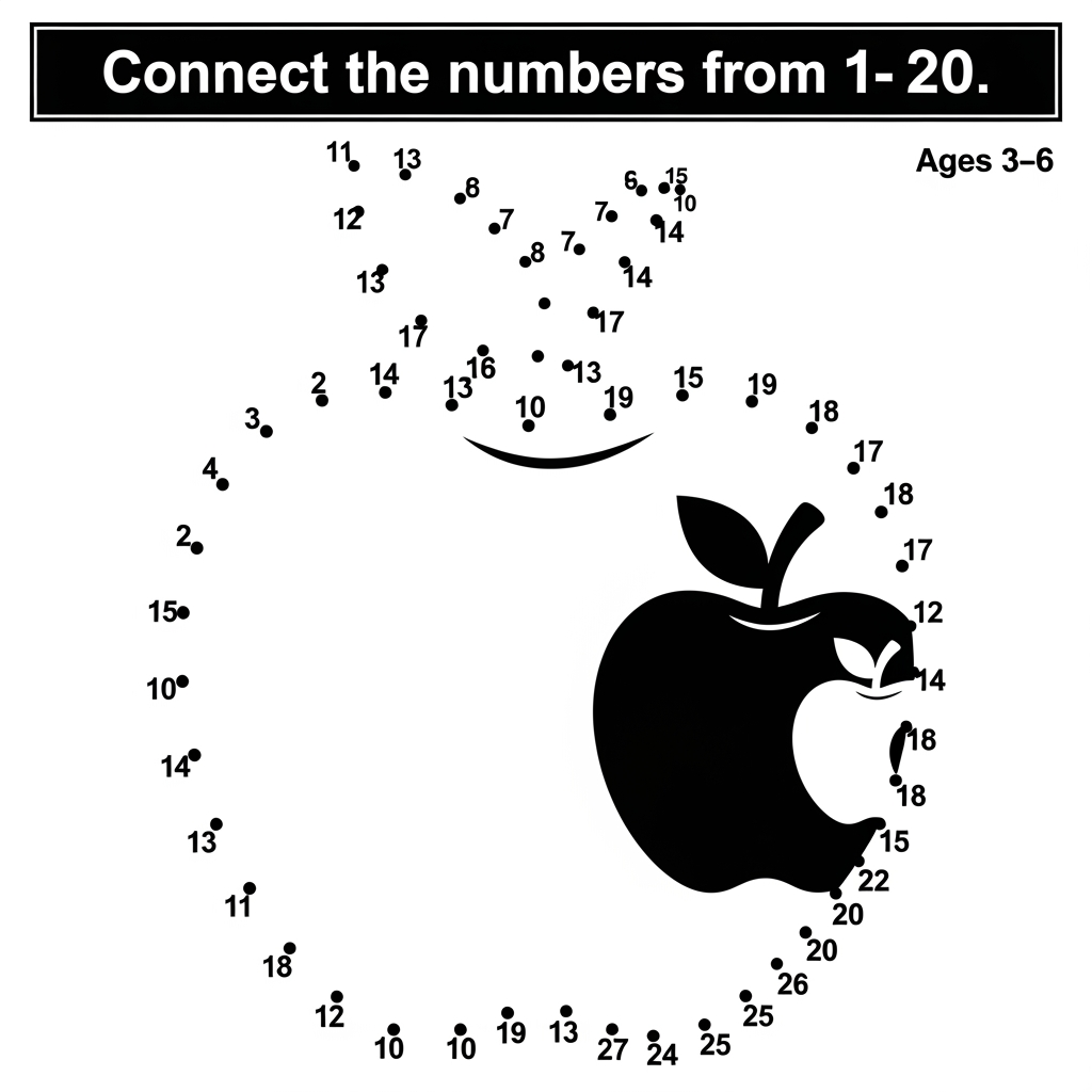 AI Design for Create a black and white connect-the-dots activity page for ages 3–6. Dots numbered 1–20 form a cute apple. Large clear numbers, evenly spaced dots, bold outlines revealed after connecting. Include instruction: "Connect the numbers from 1 to 20." Printable preschool worksheet style, clean white background, simple design, large elements, no shading, high contrast.
