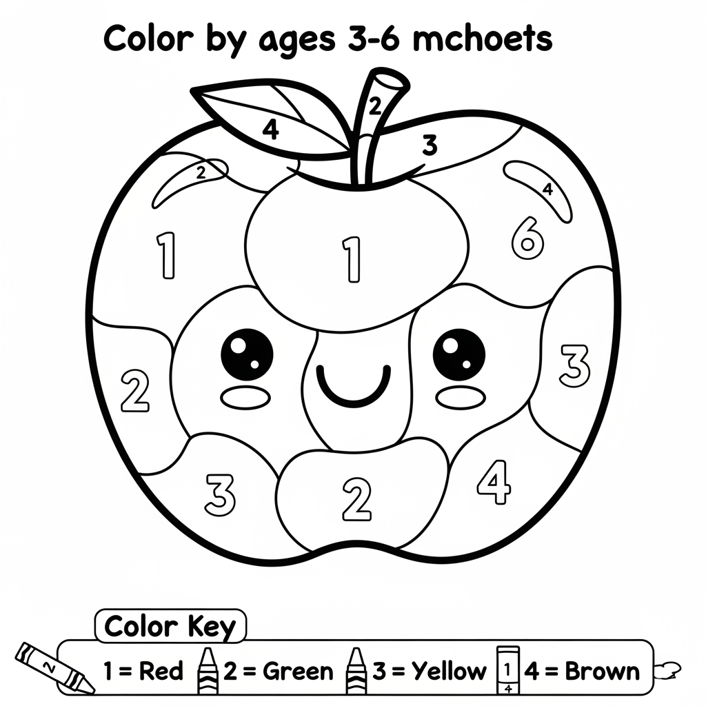 AI Design for Create a black and white Color-by-Number activity page for children ages 3–6 featuring a cute smiling apple. The zebra should have large simple coloring sections labeled with numbers . Include a color key with crayon colors. Use thick bold outlines, large easy-to-color spaces, simple preschool-friendly cartoon style, educational worksheet design, white background, no shading, high contrast, printable 8.5 x 11 inch page, suitable for an Amazon KDP activity book.