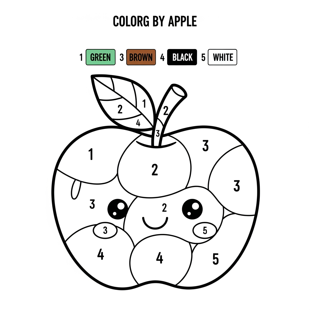 AI Design for Create a Color-by-Number worksheet for ages 3–6 featuring a cute apple. Large numbered sections 1–5, thick black outlines, simple design, easy coloring areas, color key at the top, printable children's activity book page, white background.