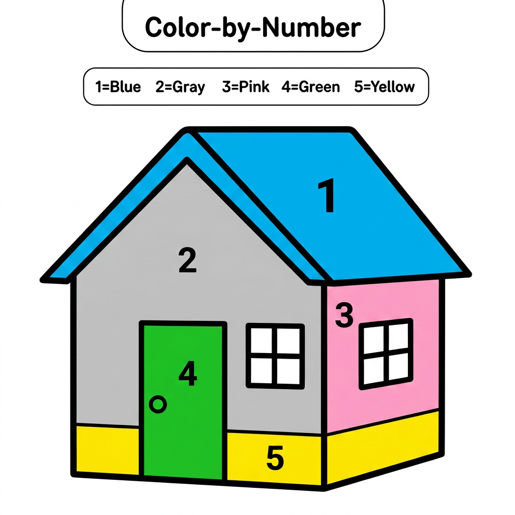 AI Design for Create a black and white Color-by-Number activity page for children ages 3–6 featuring a cute house. The giraffe should have large simple coloring sections labeled with numbers. . Use thick bold outlines, large coloring spaces, simple preschool-friendly cartoon style, educational worksheet design, white background, no shading, high contrast.