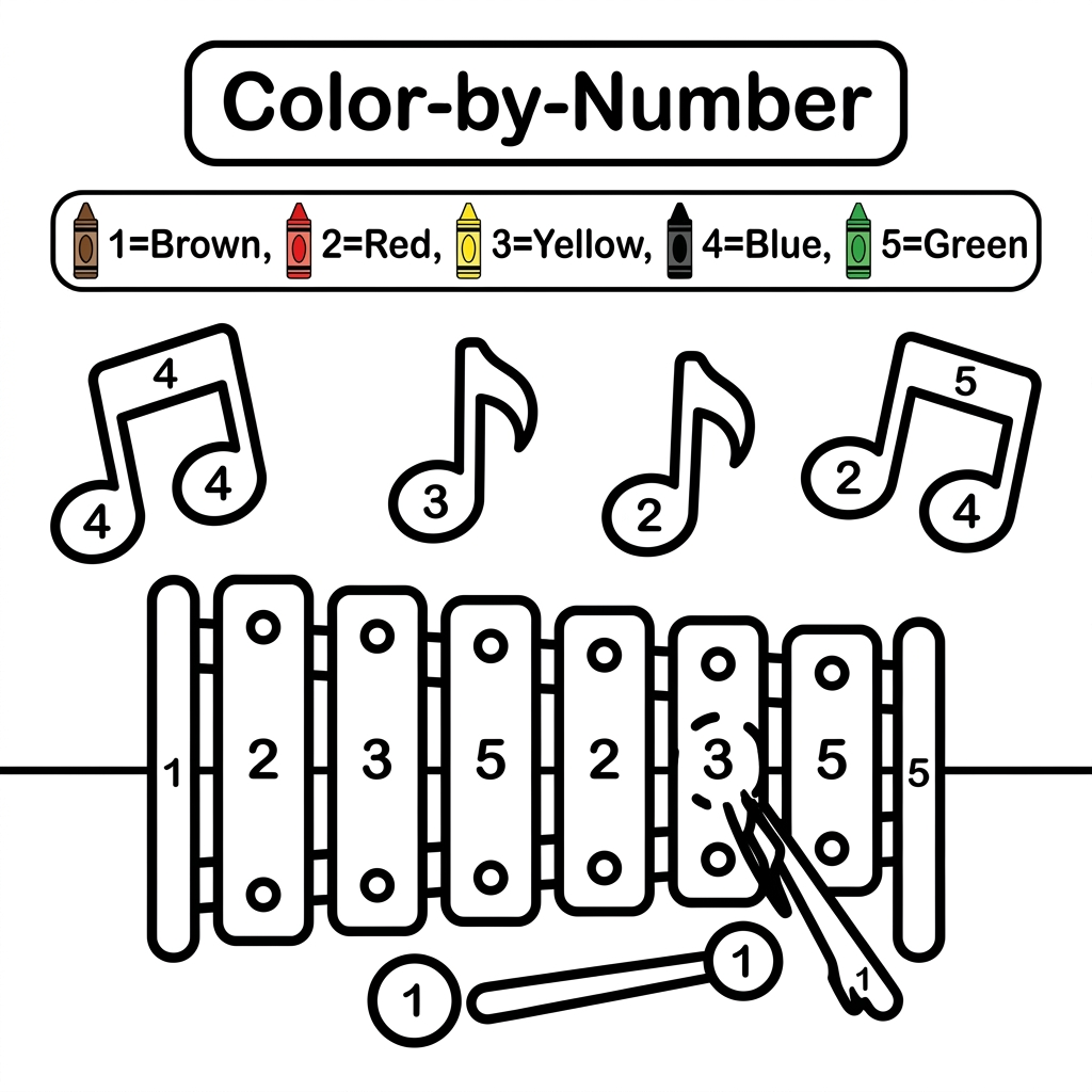 AI Design for Create a black and white Color-by-Number activity page for children ages 3–6 featuring a cute xylophone with colorful music notes around it. The illustration should have large simple coloring sections labeled with numbers . Include a color key with crayon colors. Use thick bold outlines, large easy-to-color spaces, simple preschool-friendly cartoon style, educational worksheet design, white background, no shading, high contrast, printable 8.5 x 11 inch page, suitable for an Amazon KDP activity book.