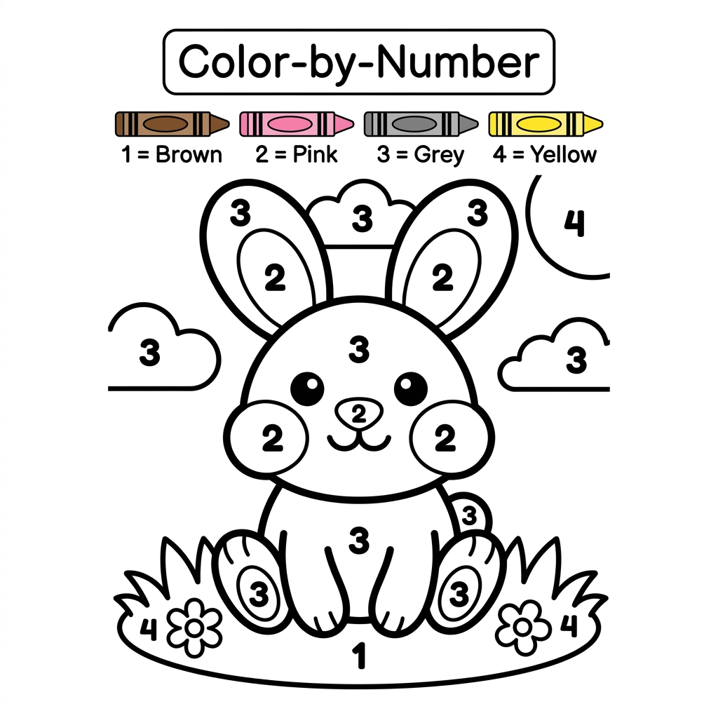 AI Design for Create a black and white Color-by-Number activity page for children ages 3–6 featuring a cute rabbit. Large simple coloring sections with numbers. Include a color key with crayon colors. Thick bold outlines, large coloring spaces, simple preschool-friendly design, educational worksheet style, white background, printable 8.5 x 11 inch page, no shading, high contrast, suitable for Amazon KDP.