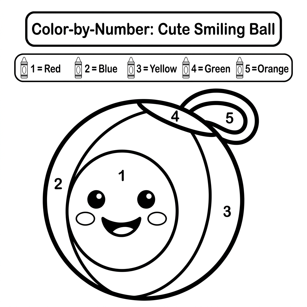 AI Design for Create a black and white Color-by-Number activity page for children ages 3–6 featuring a cute smiling ball. The zebra should have large simple coloring sections labeled with numbers . Include a color key with crayon colors. Use thick bold outlines, large easy-to-color spaces, simple preschool-friendly cartoon style, educational worksheet design, white background, no shading, high contrast, printable 8.5 x 11 inch page, suitable for an Amazon KDP activity book.