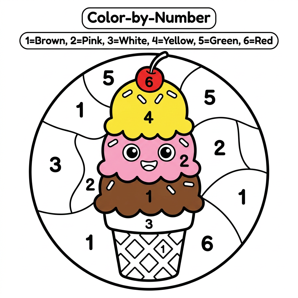 AI Design for Create a black and white Color-by-Number activity page for children ages 3–6 featuring a cute ice cream. The ice cream should have large simple coloring sections labeled with numbers. . Use thick bold outlines, large coloring spaces, simple preschool-friendly cartoon style, educational worksheet design, white background, no shading, high contrast.