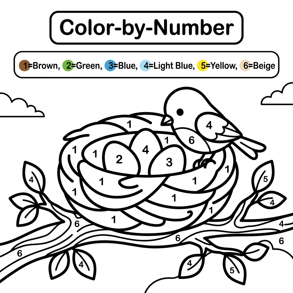 AI Design for Create a black and white Color-by-Number activity page for children ages 3–6 featuring a cute nest. The nest should have large simple coloring sections labeled with numbers with light.Use thick bold outlines, large coloring spaces, simple preschool-friendly cartoon style, educational worksheet design, white background, no shading, high contrast.
