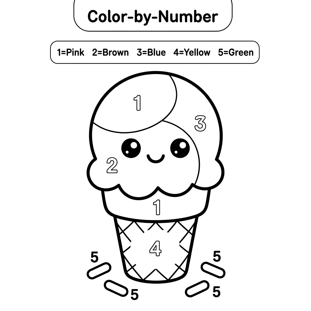 AI Design for Create a black and white Color-by-Number activity page for children ages 3–6 featuring a cute ice cream. The ice cream should have large simple coloring sections labeled with numbers. . Use thick bold outlines, large coloring spaces, simple preschool-friendly cartoon style, educational worksheet design, white background, no shading, high contrast.