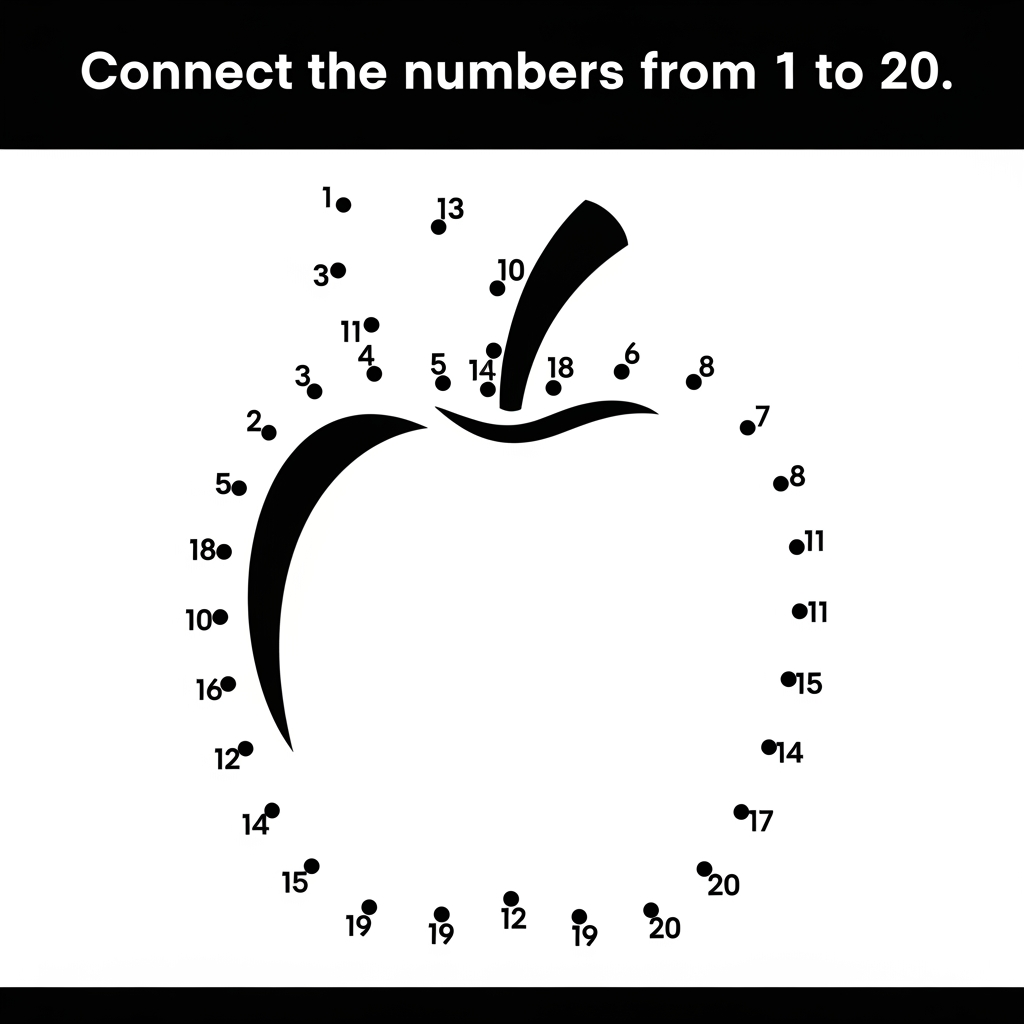 AI Design for Create a black and white connect-the-dots activity page for ages 3–6. Dots numbered 1–20 form a cute apple. Large clear numbers, evenly spaced dots, bold outlines revealed after connecting. Include instruction: "Connect the numbers from 1 to 20." Printable preschool worksheet style, clean white background, simple design, large elements, no shading, high contrast.
