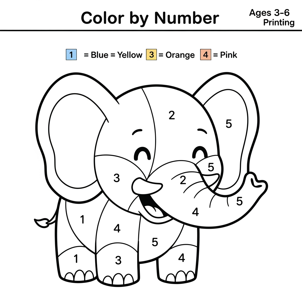 AI Design for Create a Color-by-Number worksheet for ages 3–6 featuring a cute smiling elephant. Large numbered sections 1–5, thick black outlines, simple design, easy coloring areas, color key at the top, printable children's activity book page, white background.