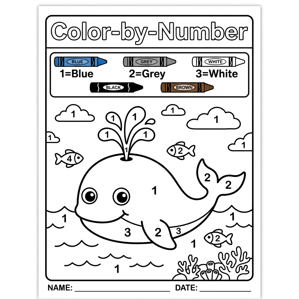 AI Design for Create a black and white Color-by-Number activity page for children ages 3–6 featuring a cute whale. The illustration should have large simple coloring sections labeled with numbers . Include a color key with crayon colors. Use thick bold outlines, large easy-to-color spaces, simple preschool-friendly cartoon style, educational worksheet design, white background, no shading, high contrast, printable 8.5 x 11 inch page, suitable for an Amazon KDP activity book.